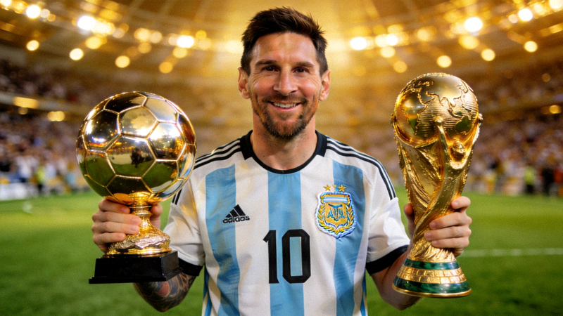 梅西手捧世界杯金球奖与大力神杯合影