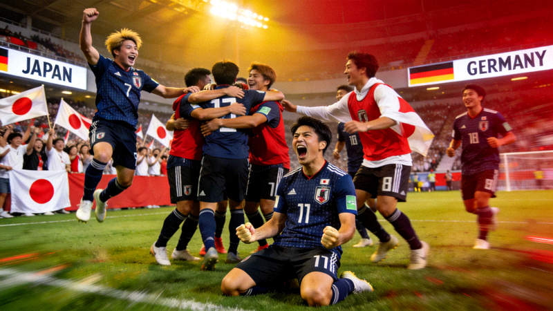 日本队战胜德国队后球员庆祝胜利的激动场面