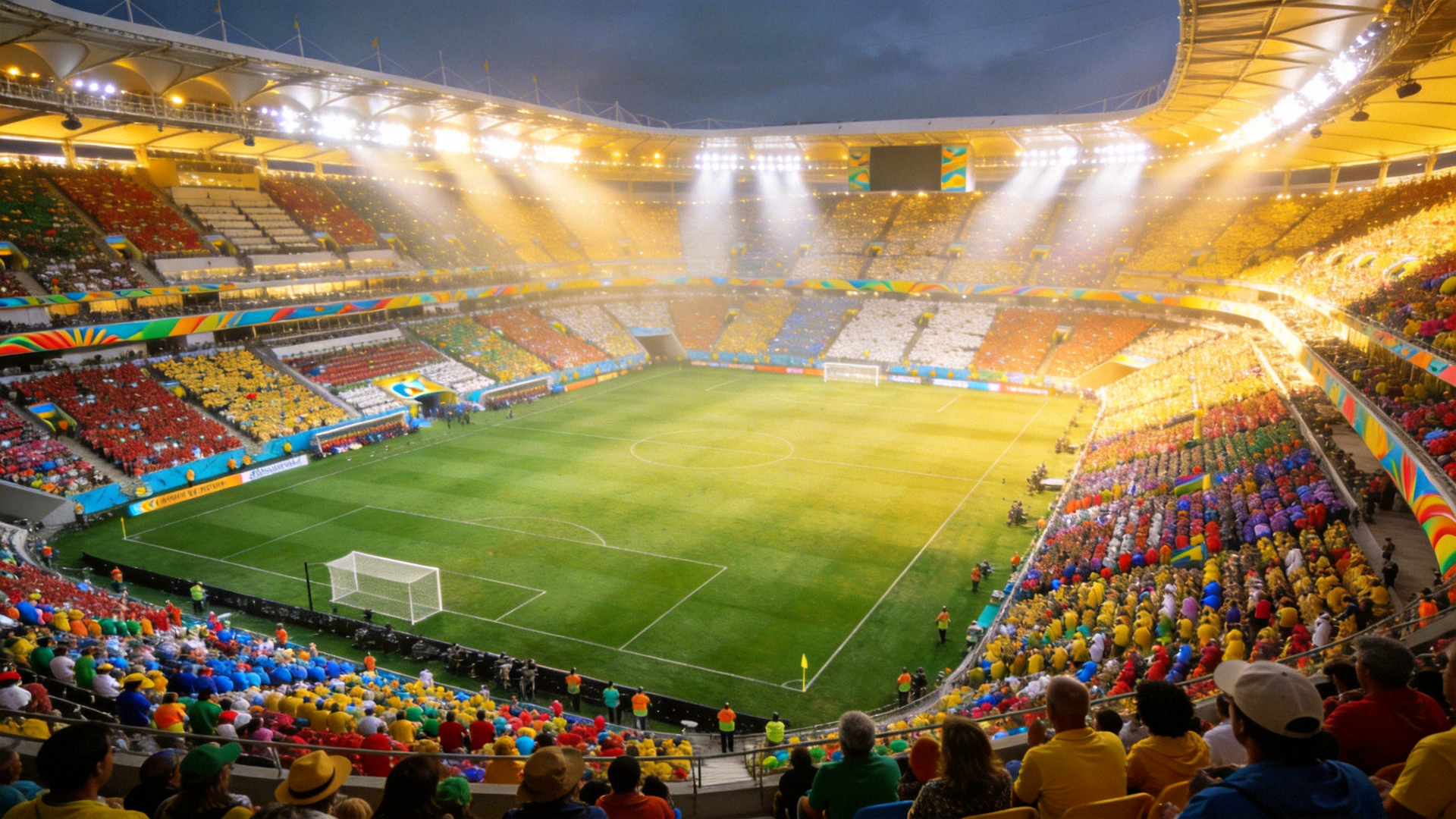 世界杯决赛赛场全景，座无虚席的体育场与中央草坪